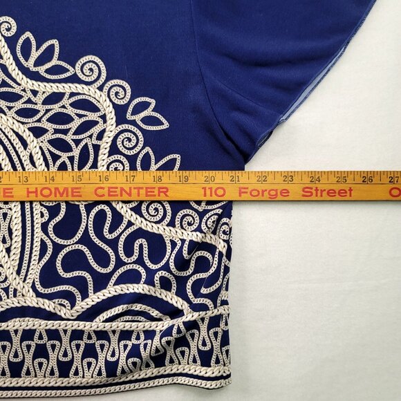 JM Collection Womens Large Boho Navy Beige Print Top Rhinestone Flowy Rodeo - Picture 7 of 8